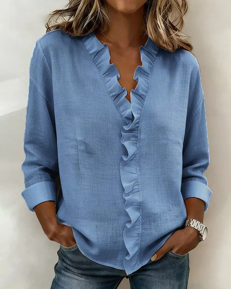 Irene | Blusa elegante con volantes, escote en V y mangas largas